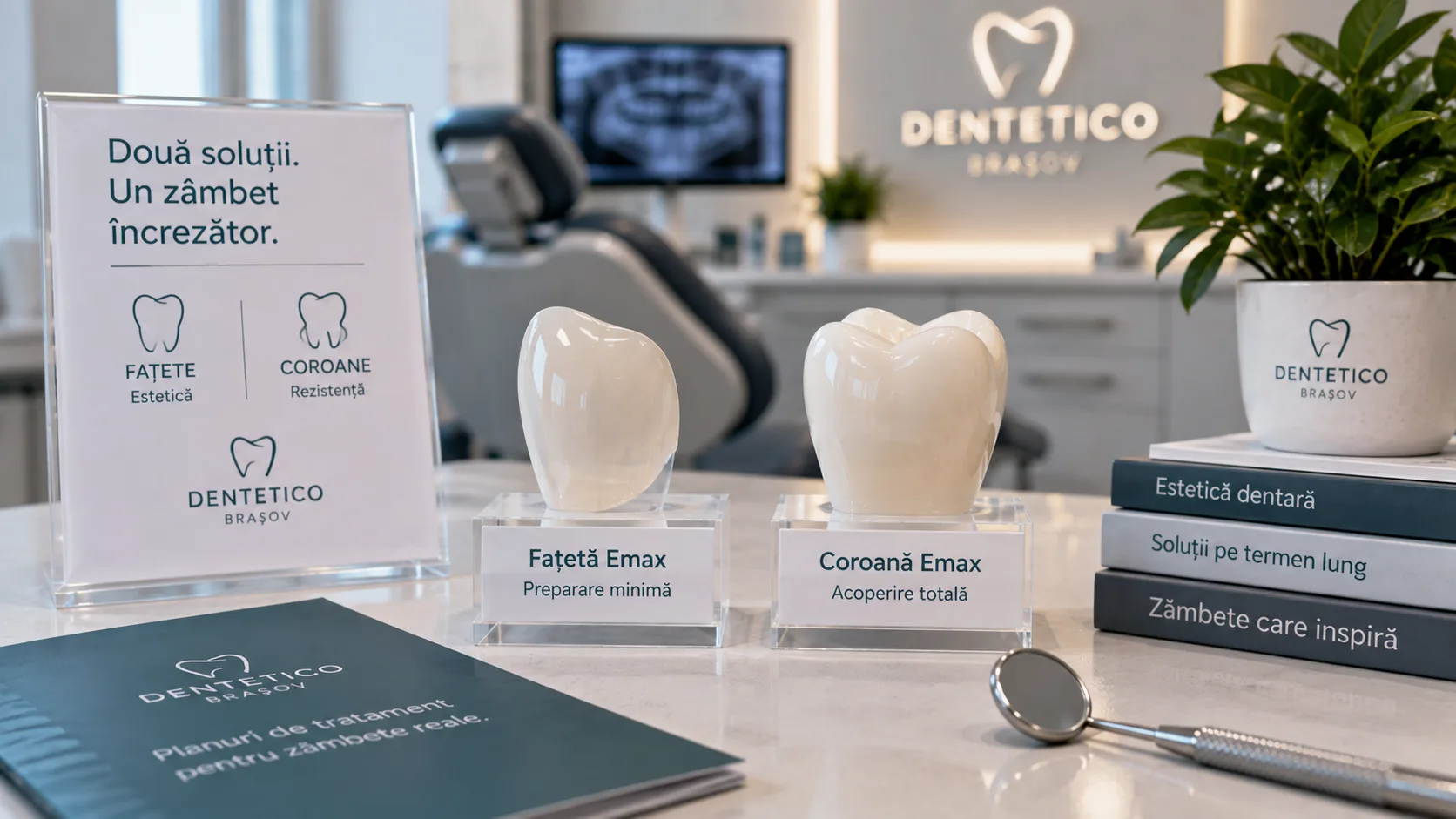 Comparație între fațete și coroane dentare din ceramică Emax la clinica Dentetico Brașov