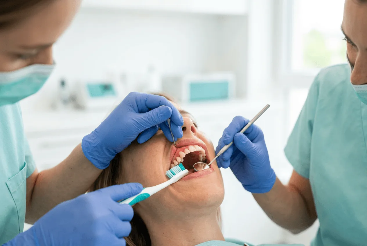 verificarea gingiilor cu instrumente stomatologice pentru diagnostic de gingivita la clinica dentetico brasov