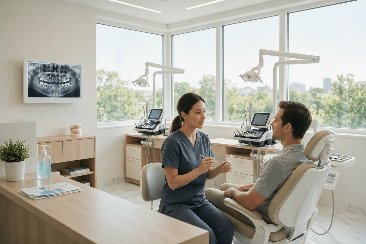 Consultație stomatologică în Brașov, cu medic dentist care explică diagnosticul și opțiunile de tratament pacientului.
