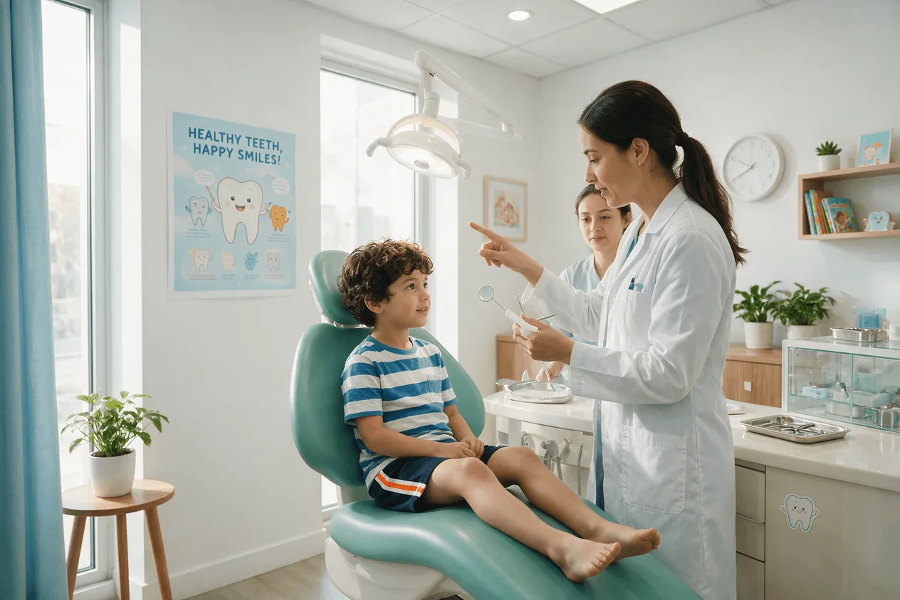 Dentist pediatru discută cu un copil și părintele lui într-un cabinet luminos, înaintea unei consultații dentare.