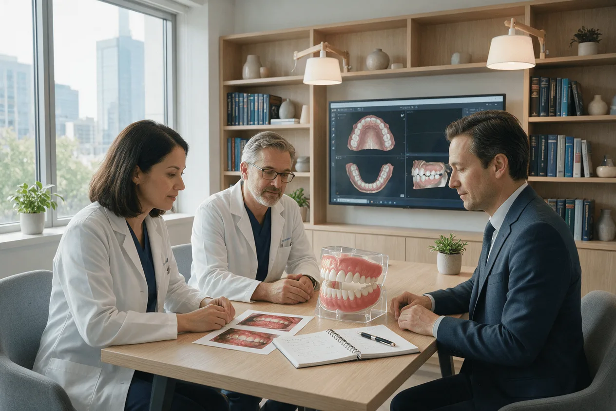 Echipă de medici dentiști analizează împreună planul de tratament pentru un caz stomatologic complex.